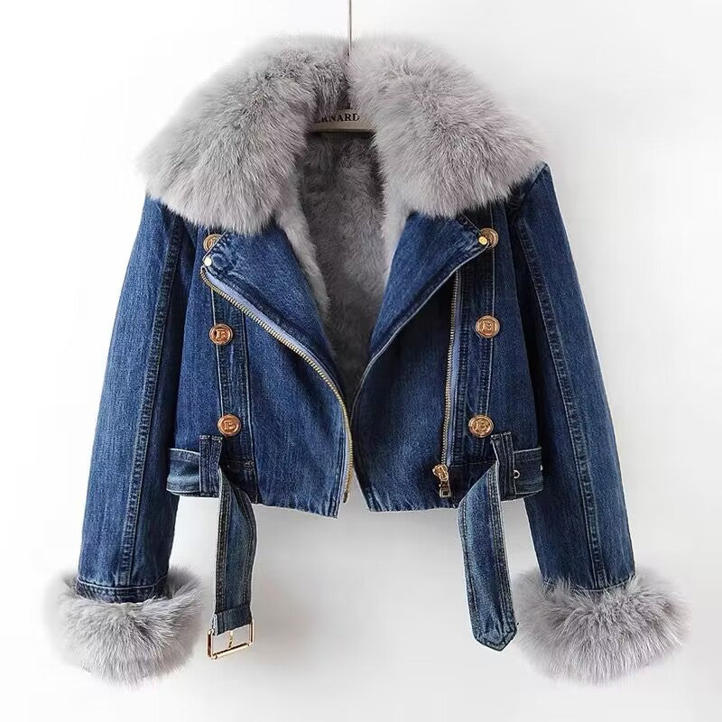 Fox Fur Trim Denim Coat