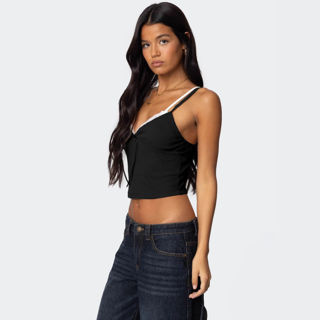 Bow Collage Lace Fake Two-piece Top