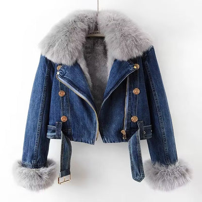 Fox Fur Trim Denim Coat