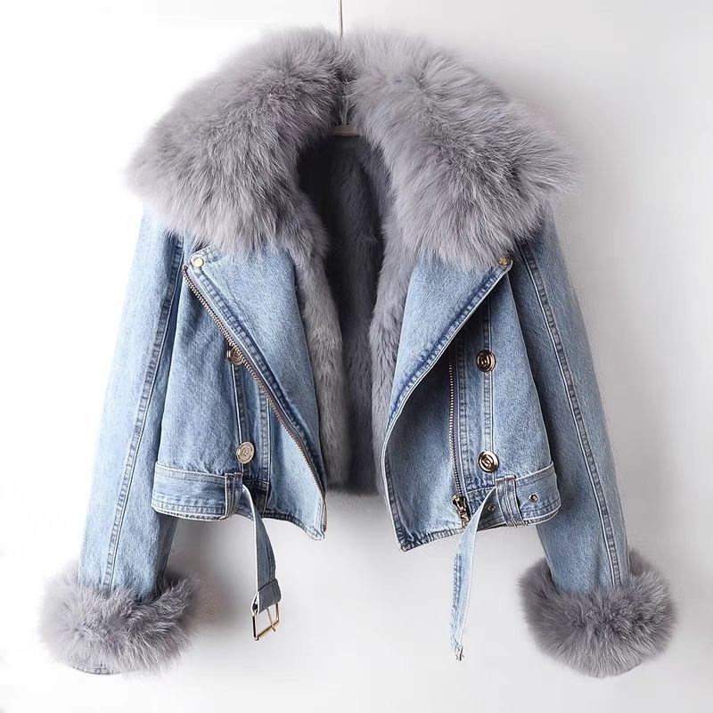 Fox Fur Trim Denim Coat