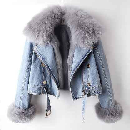 Fox Fur Trim Denim Coat