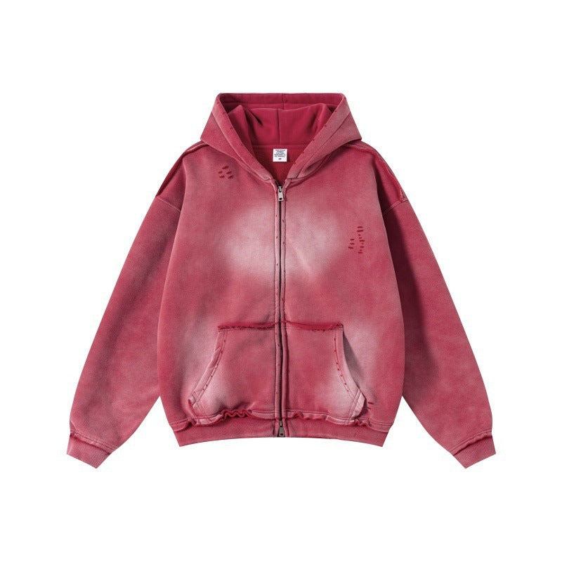 Distressed Plain Zip-Up