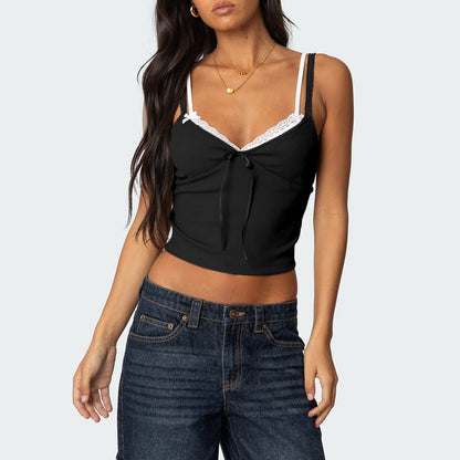Bow Collage Lace Fake Two-piece Top