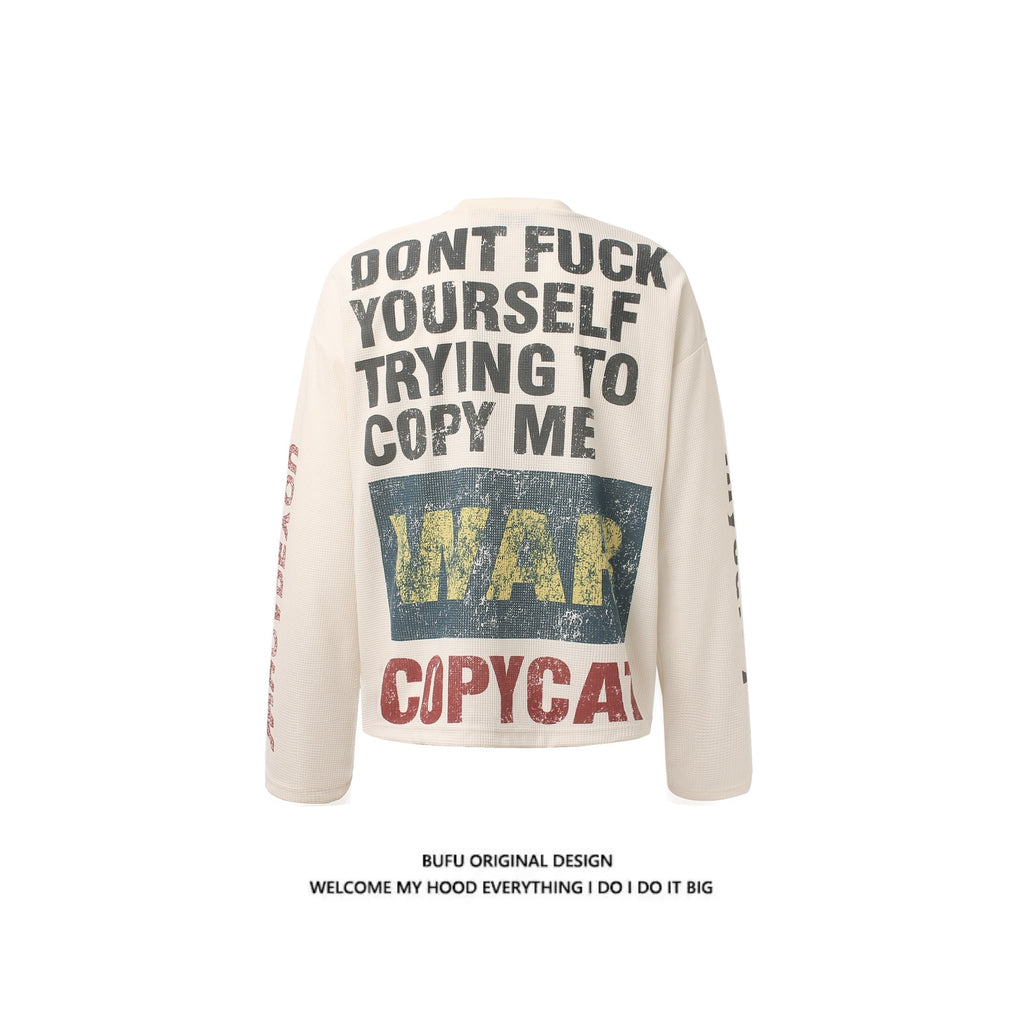 Retro Distressed Printed Long Sleeve Sweater