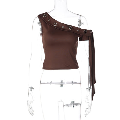 Metal Eyelet One Shoulder Top With Ribbon Straps