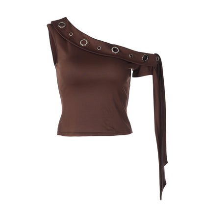 Metal Eyelet One Shoulder Top With Ribbon Straps