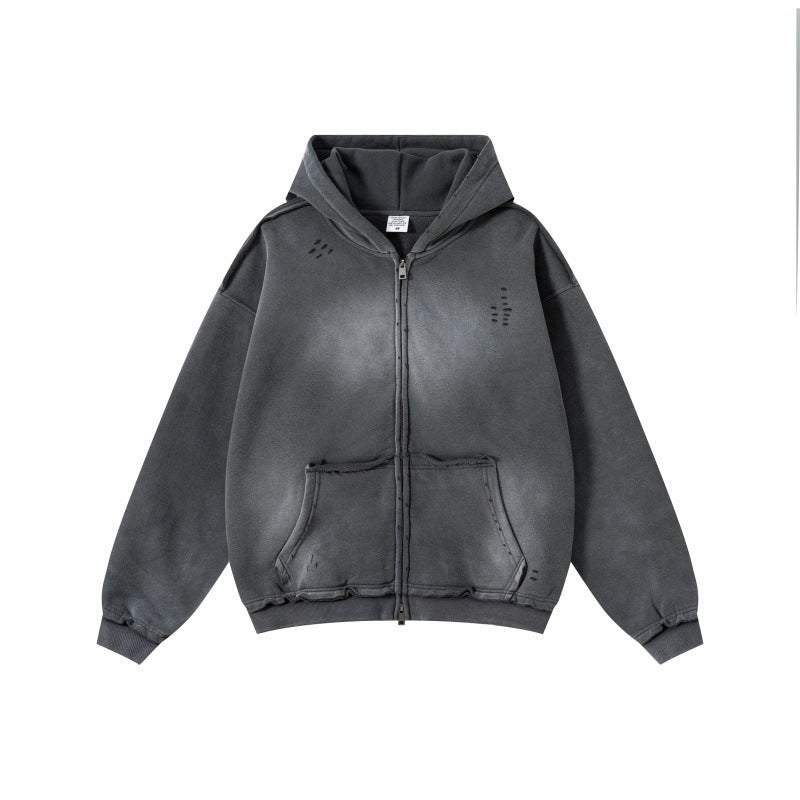 Distressed Plain Zip-Up