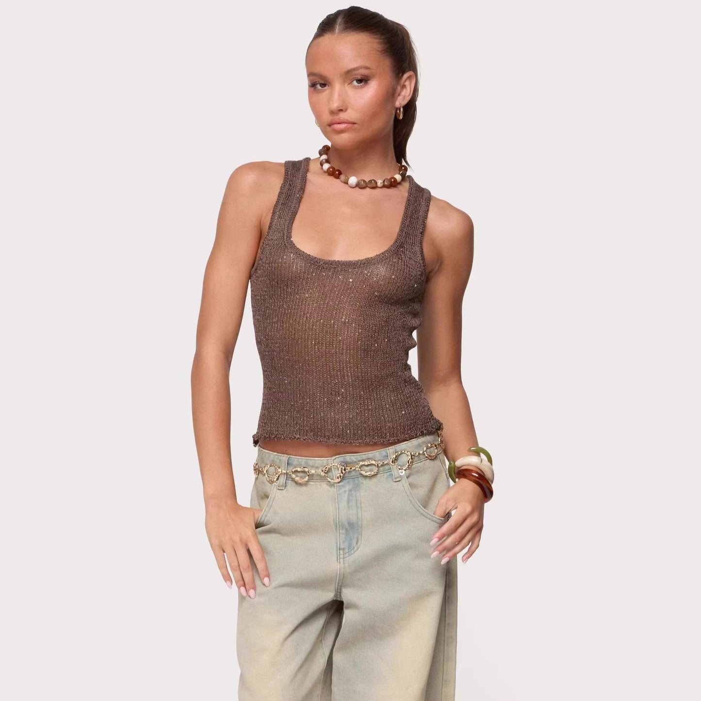 Shiny Deep V Solid Color Tank Top
