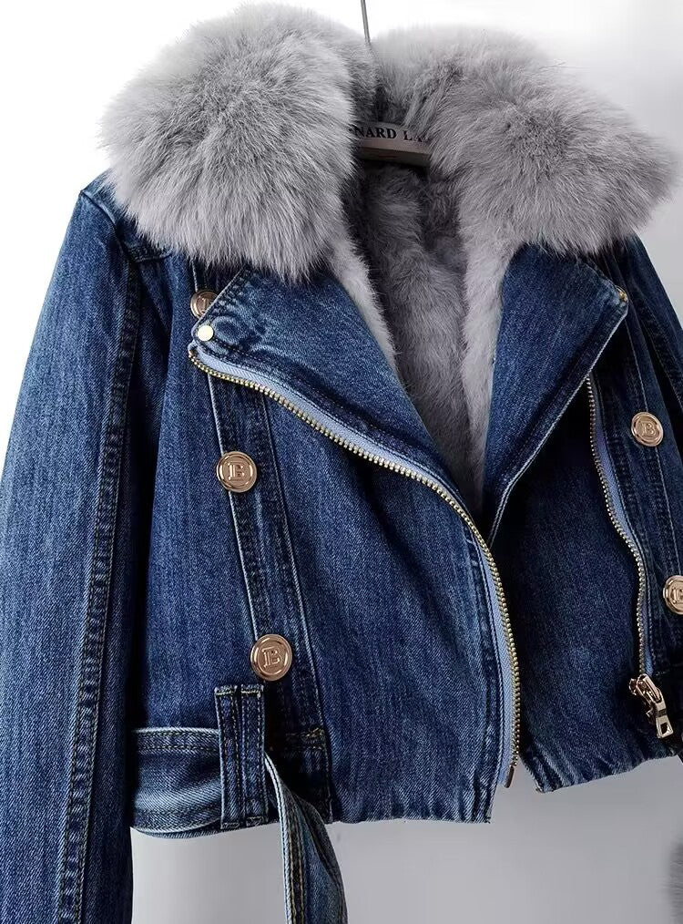 Fox Fur Trim Denim Coat