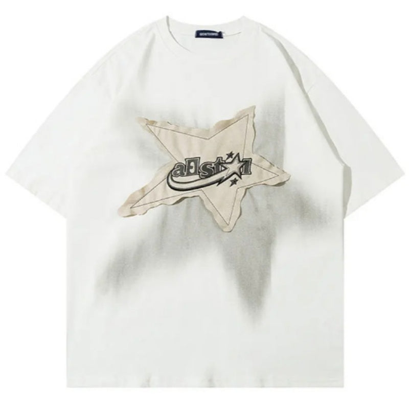 Retro Star Patchwork Loose-fit Short-sleeve Shirt