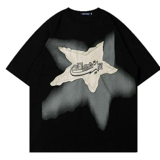Retro Star Patchwork Loose-fit Short-sleeve Shirt