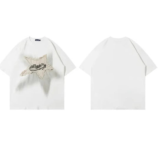 Retro Star Patchwork Loose-fit Short-sleeve Shirt