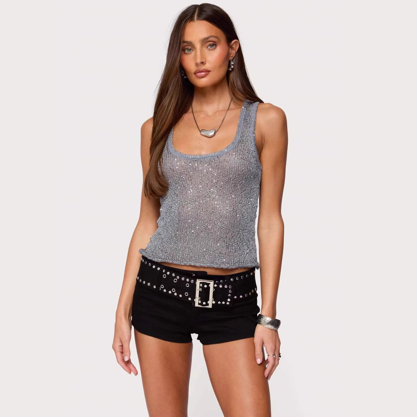 Shiny Deep V Solid Color Tank Top