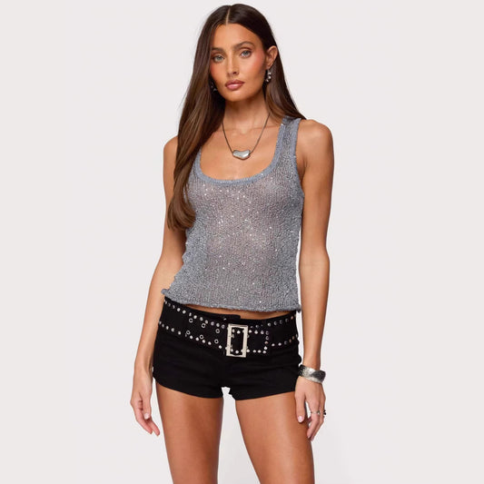 Shiny Deep V Solid Color Tank Top