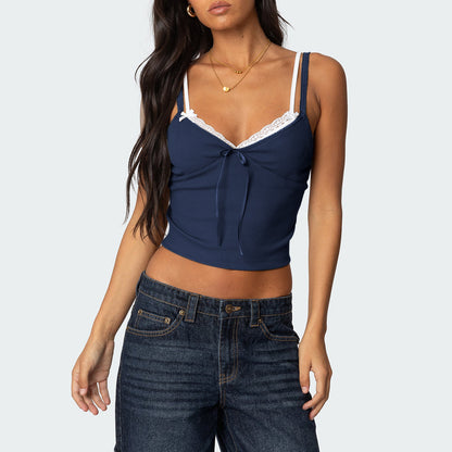 Bow Collage Lace Fake Two-piece Top