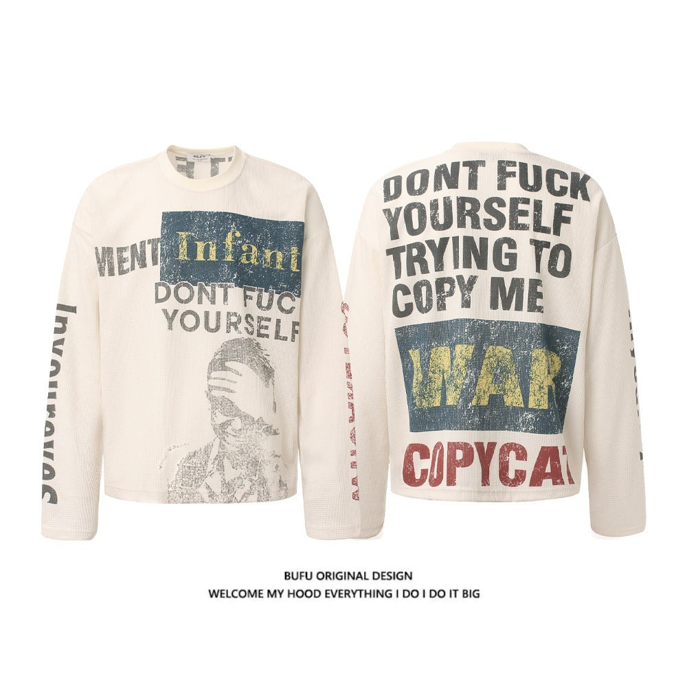 Retro Distressed Printed Long Sleeve Sweater