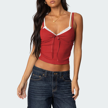 Bow Collage Lace Fake Two-piece Top