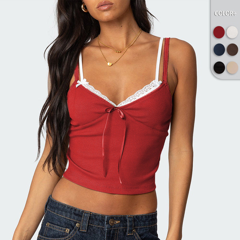 Bow Collage Lace Fake Two-piece Top
